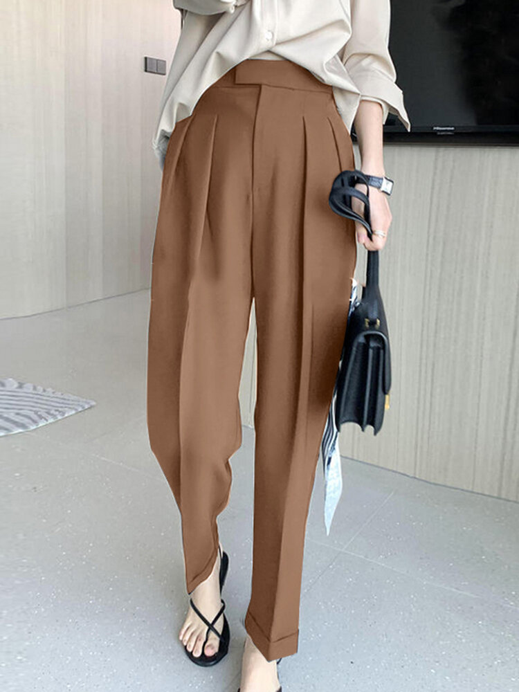 Solid Pleated Pocket Tailored Pants For Women