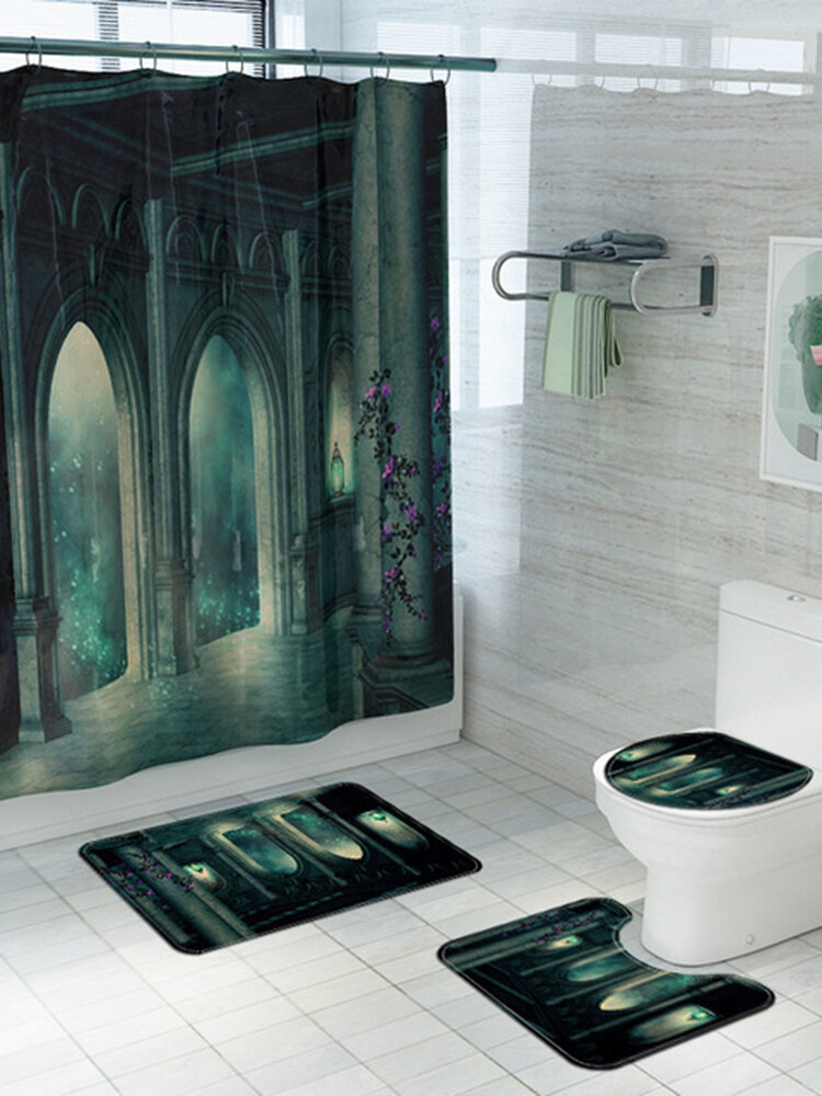 Dark Castle Printed Shower Curtain Toilet Mat Carpet Combination Set Bathroom Decoration