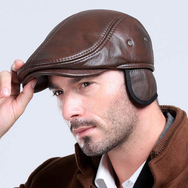 

Men Classic Genuine Cowhide With Ear Flaps Beret Hats Casual With Ventilation Holes Flat Caps, Wine red;brown;black
