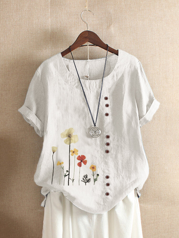 Flower Print Button Short Sleeve T-shirt For Women