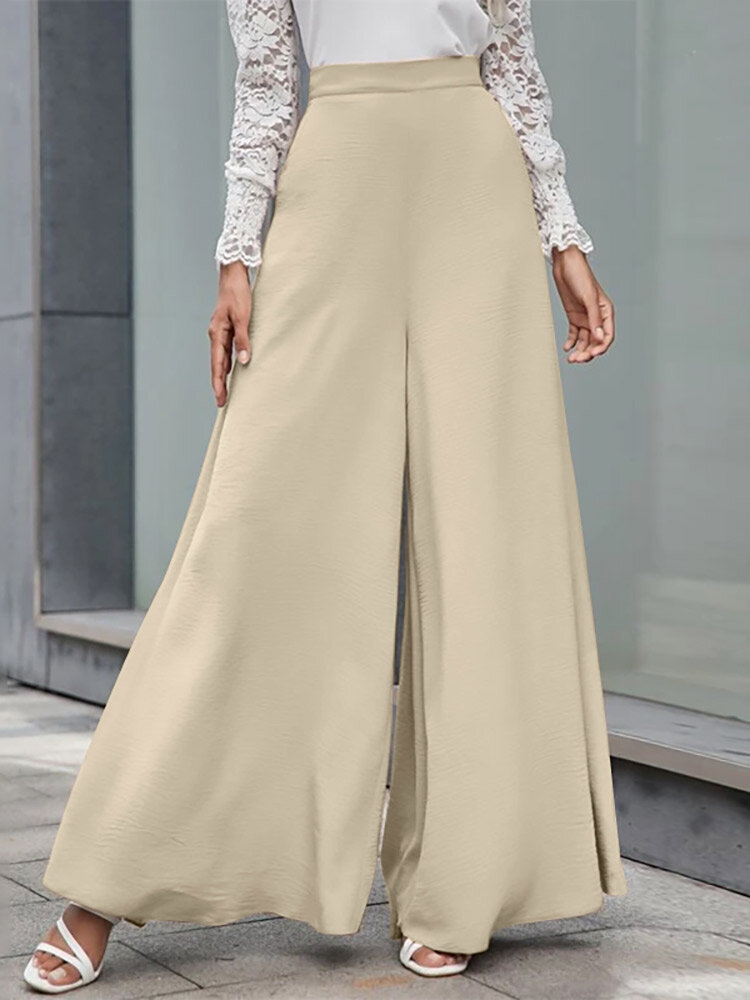 High Waist Solid Invisible Zip Back Wide Leg Pants
