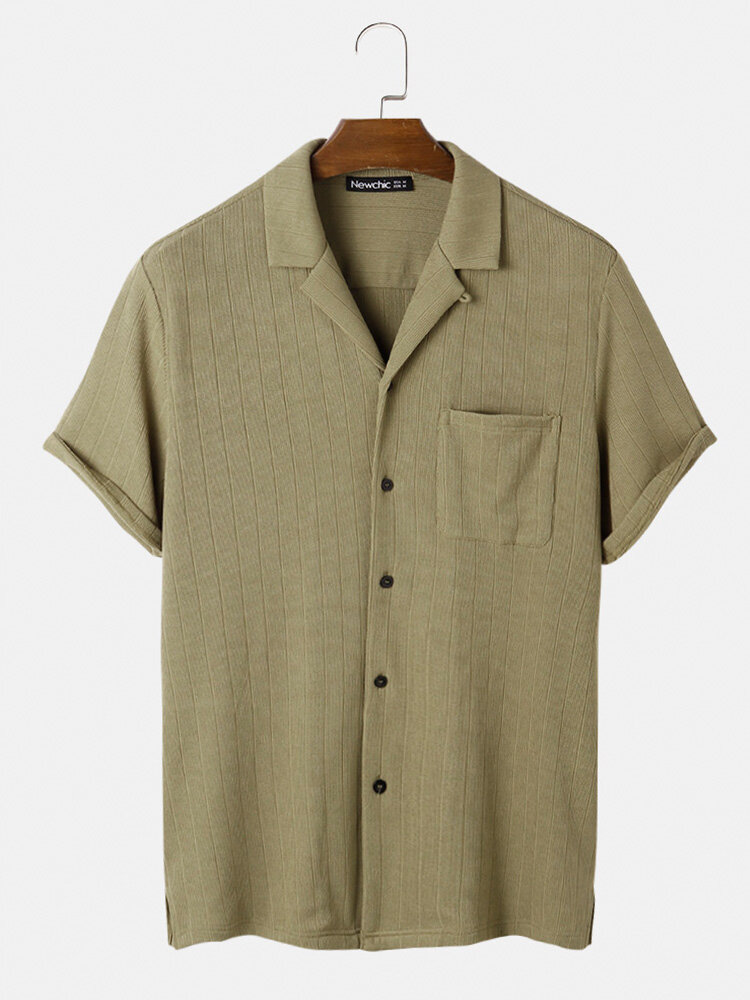

Mens Ribbed Texture Button Up Solid Color Basics Short Sleeve Shirts, Green;navy