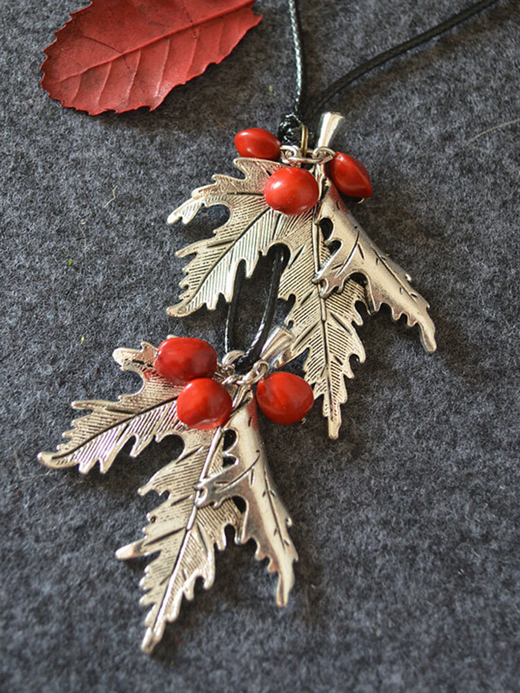 

Vintage Maple Leaf Red Beans Shape Alloy Wax Rope Long Sweater Necklace