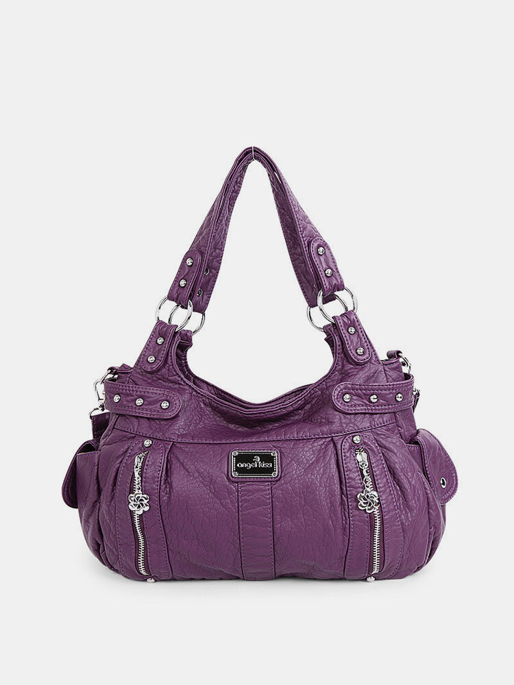 Women Multi-Pockets Rivet Soft Leather Crossbody Bag Shoulder Bag
