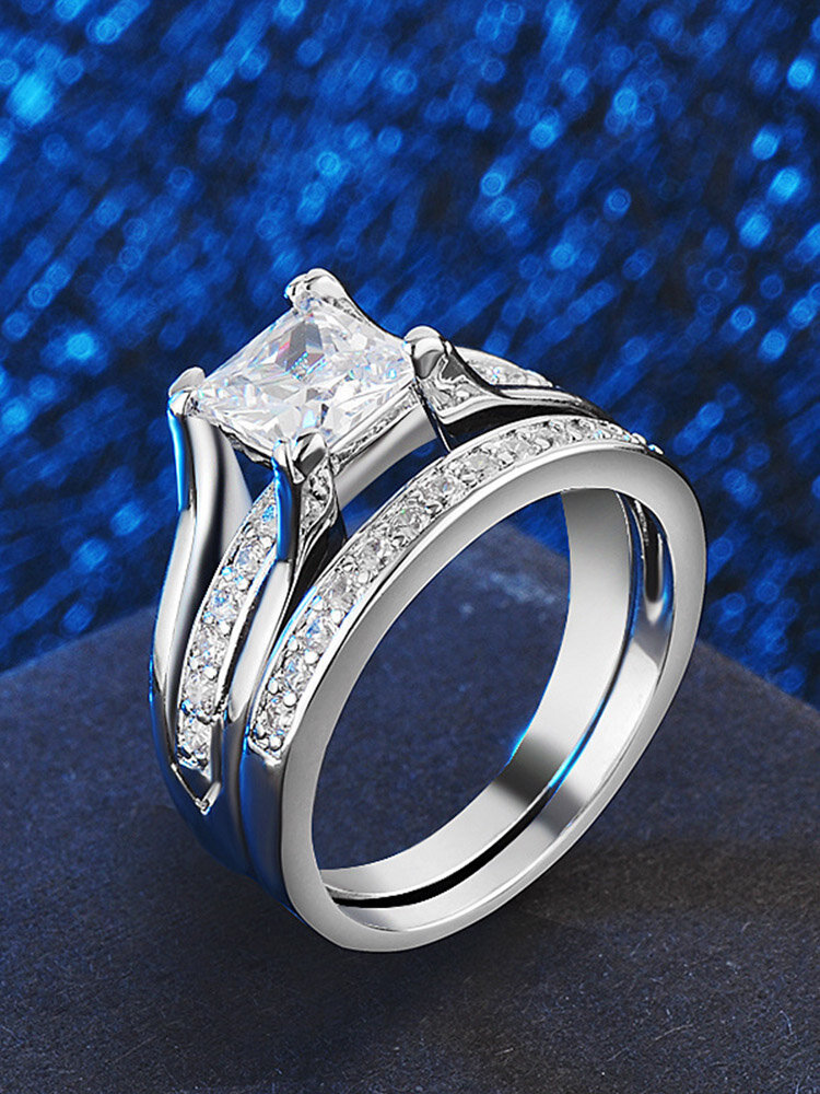 

Luxury Geometric Square Diamond Couple Rings High-grade Zircon Rings Chic Jewelry, Silver