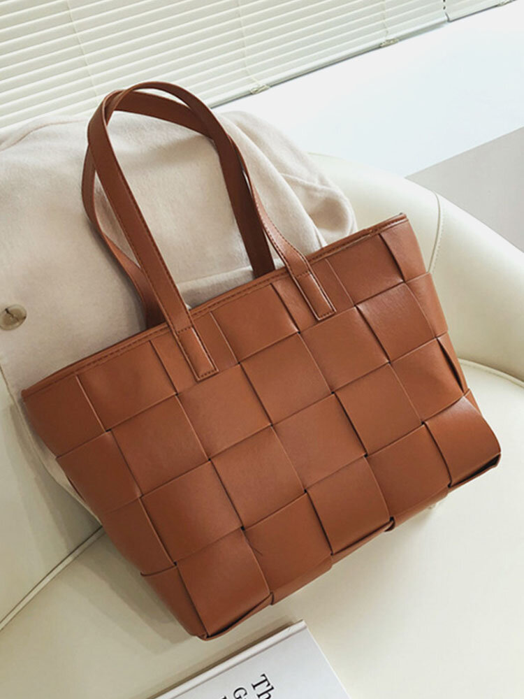 Women Brown PU Leather Weave Large Capacity Quilted Bag Handbag Shoulder Bag Tote