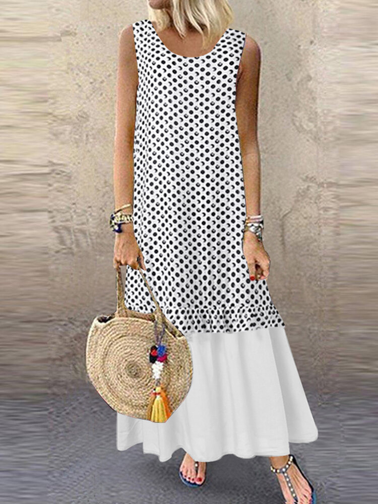 Polka Dot Print Patchwork Sleeveless Plus Size Dress