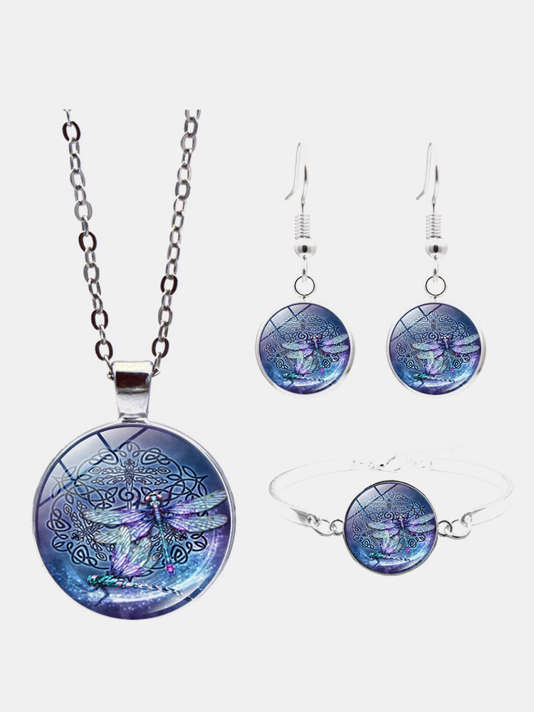 3 предмета Винтаж Galaxy Dragonfly Комплект ювелирных изделий из сплава стекла Кулон Ожерелье Серьги Браслет