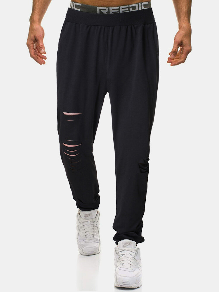 Mens Solid Color Ripped Casual Sport Breathable Thin Drawstring Waist Jogging Pants