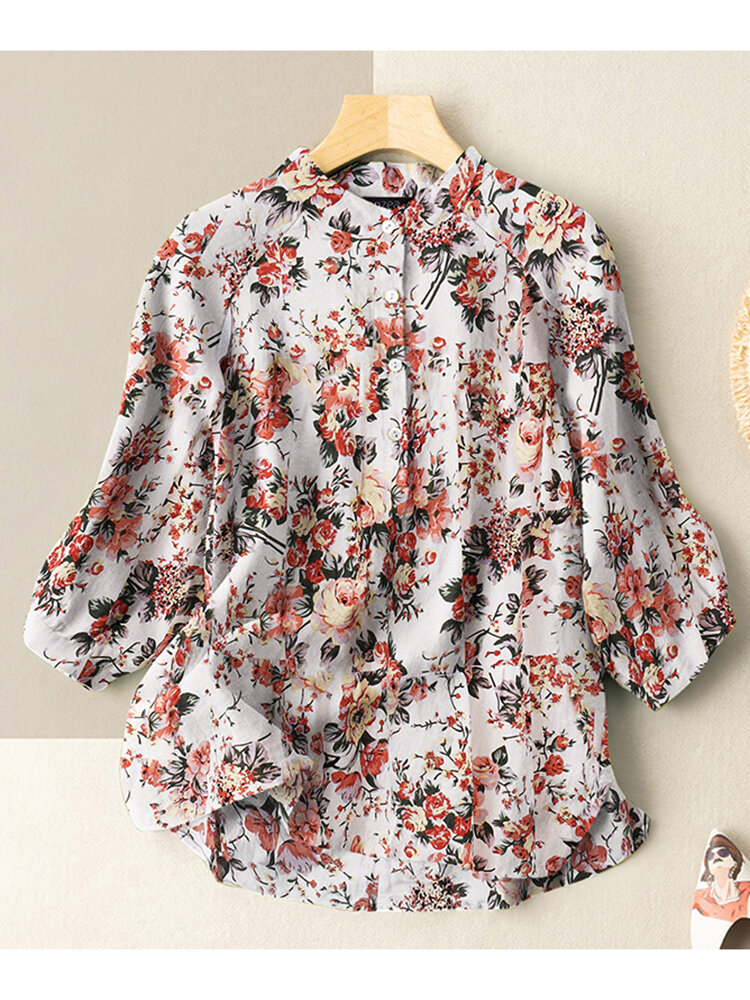 Allover Flower Print Casual Stand Collar Button Blouse