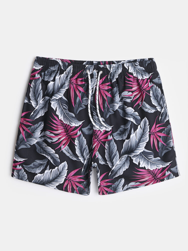 Mens Tropical Leaf Print Mesh Liner Drawstring Board Shorts