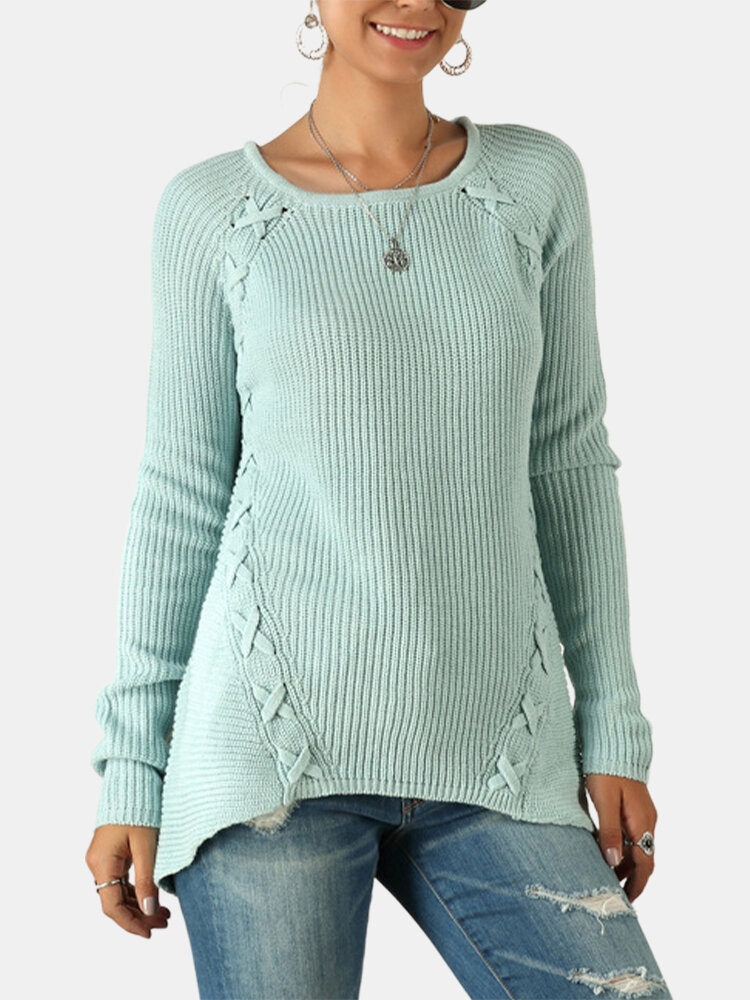 Solid Color Stringing Long Sleeves O-neck Loose Knitted Sweater