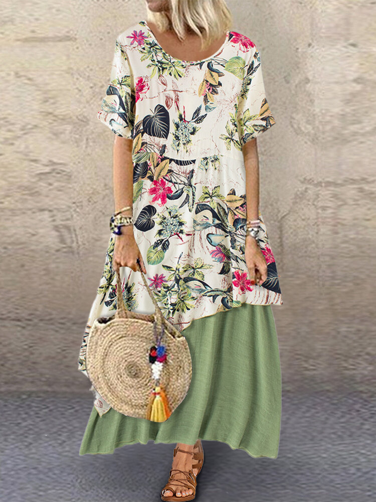 Vintage Floral Irregular Patchwork Plus Size Maxi Dress