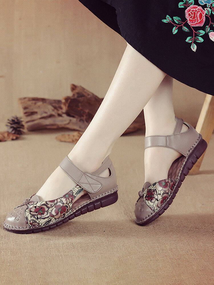 Women Breathable Soft Comfy Genuine Leather Handmade Woven Floral Print Hook Loop Mary Jane Flats