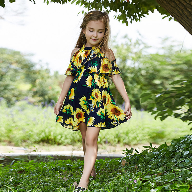 Sunflower Printed Girls Off Shoulder Summer Casual Dress For 1Y-7Y