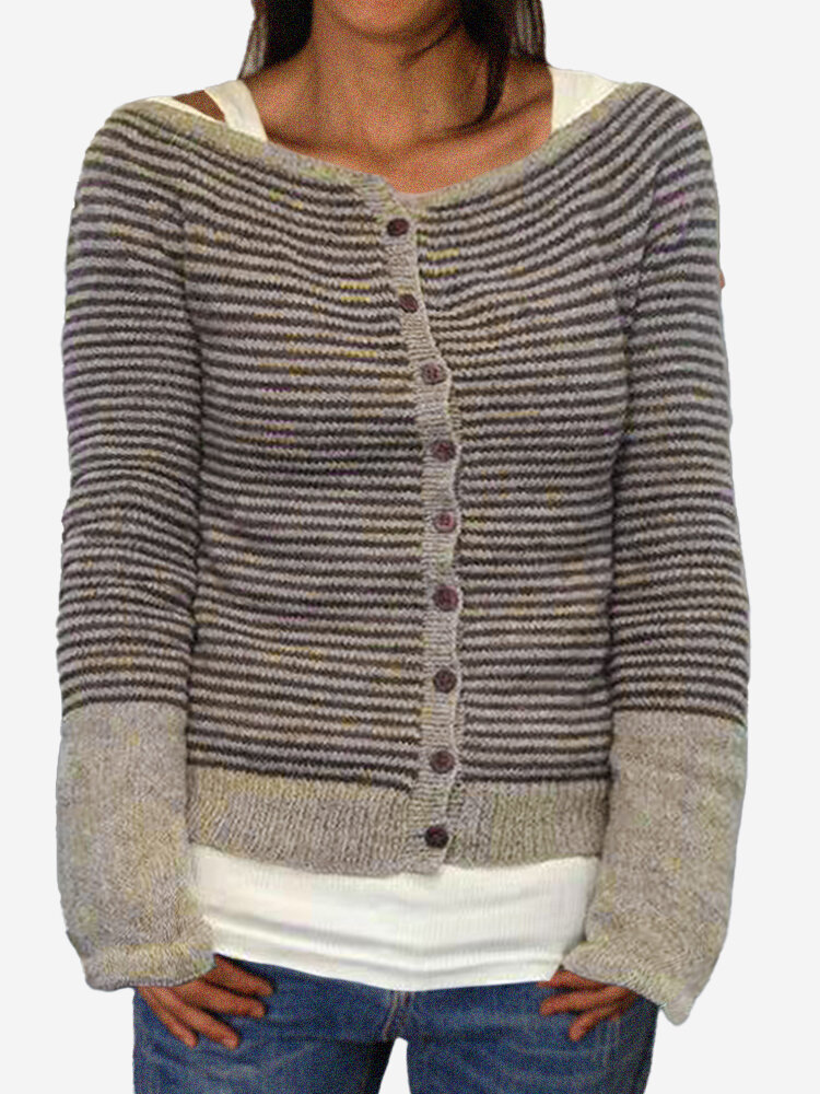 Button Long Sleeve Stripe Casual Sweater For Women