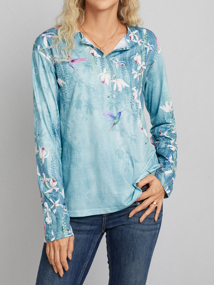 Bird Floral Pattern V-neck Casual Long Sleeve T-shirt For Women