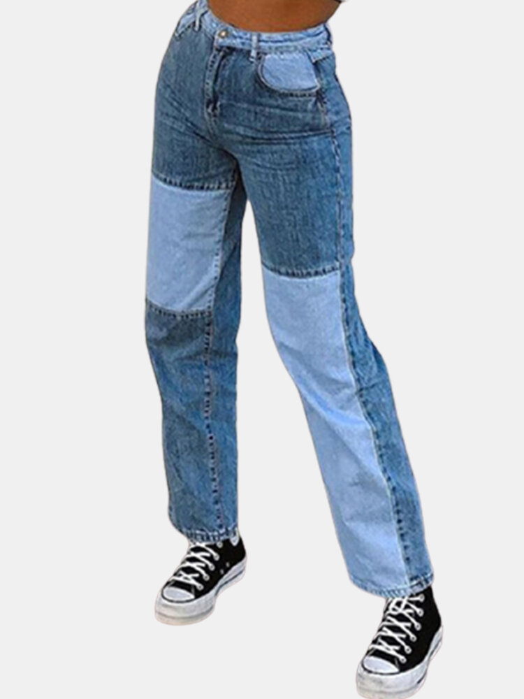 

Patchwork Contrast Color Vintage Jeans High Rise Washed Denim Trousers, Blue