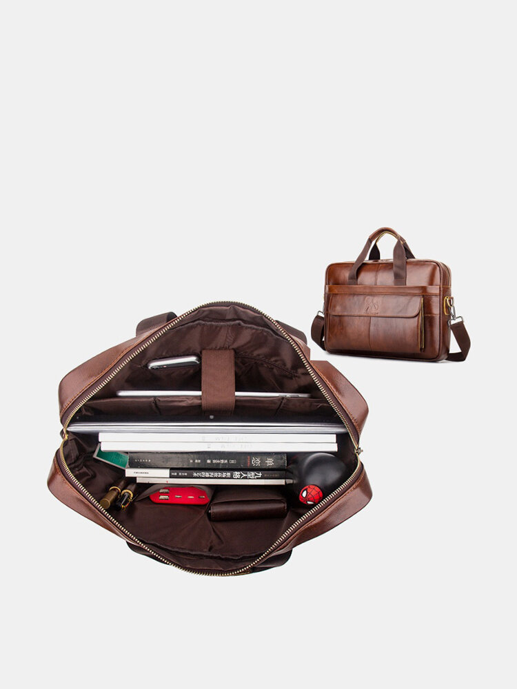 Men Genuine Leather Waterproof Multi-pocket 15.6 Inch Laptop Bag Briefcase Business Handbag Crossbody Bag