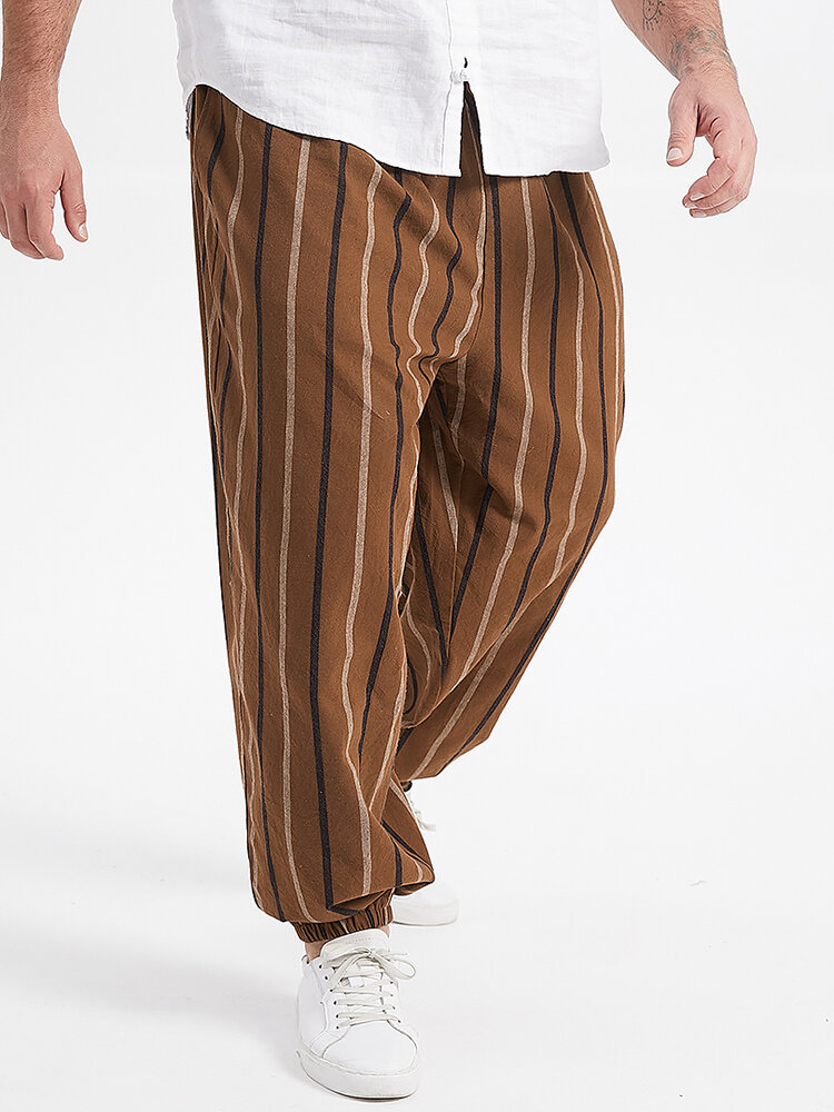 Plus Size Mens 100% Cotton Striped Print Casual Elastic Mid Waist Jogger Pants