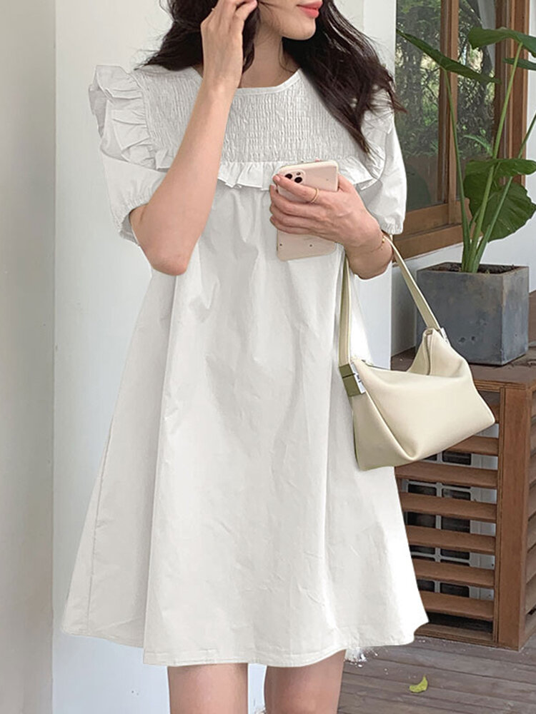 Solid Ruffle Shirred Puff Sleeve Square Collar Dress