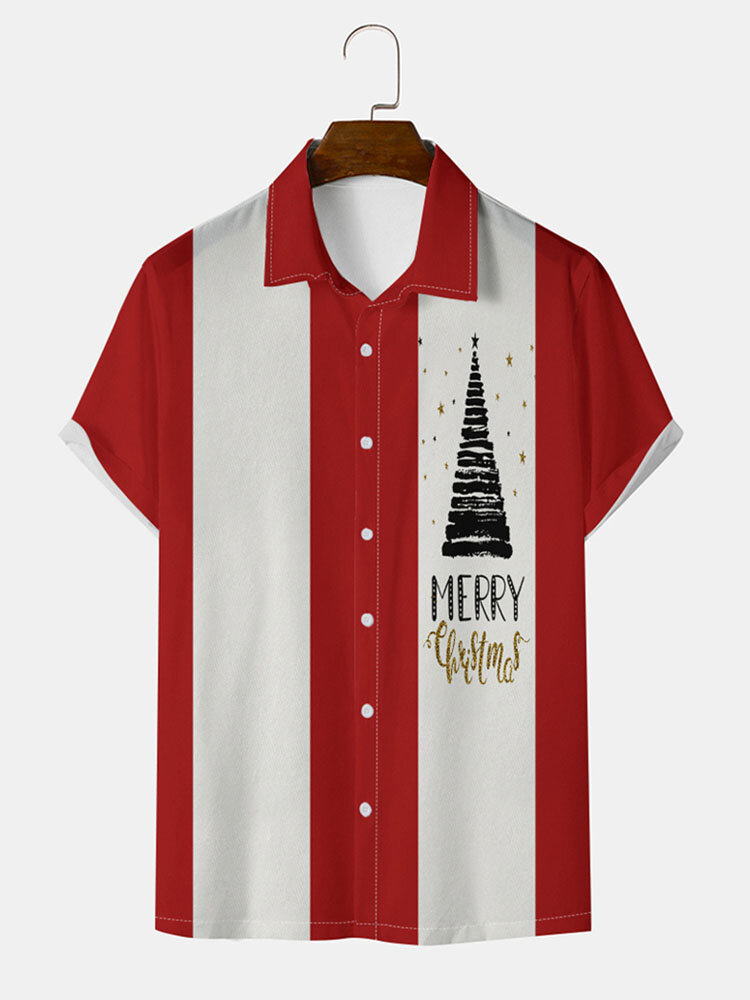 Mens Christmas Print Block Striped Button Up Lapel Short Sleeve Shirts