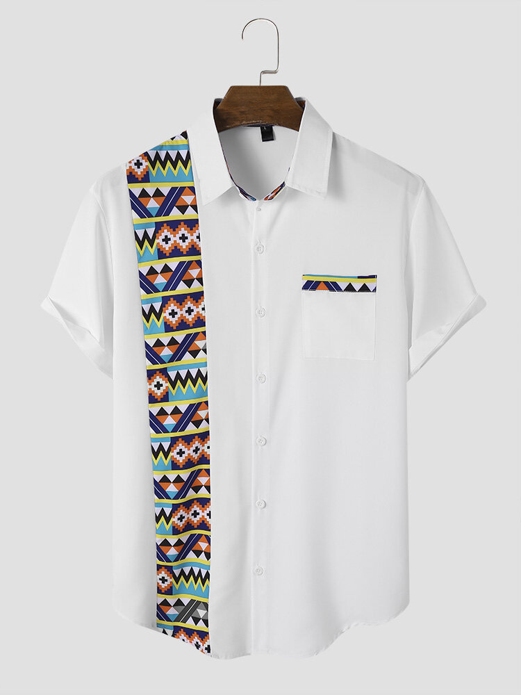 Mens Geometric Patchwork Single Pocket Buttons Shirts