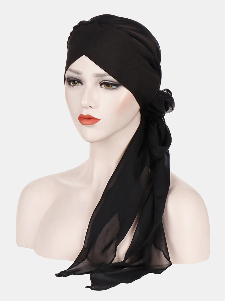Women Forehead Cross Beanie Hat Solid Color Fashion Chiffon With Long Tail 