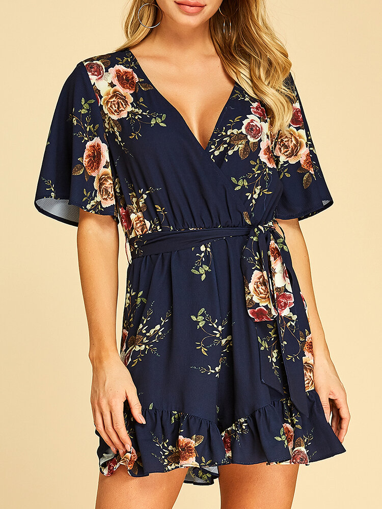 Floral Print Knotted V-neck Short Sleeve Casual Romper for Women