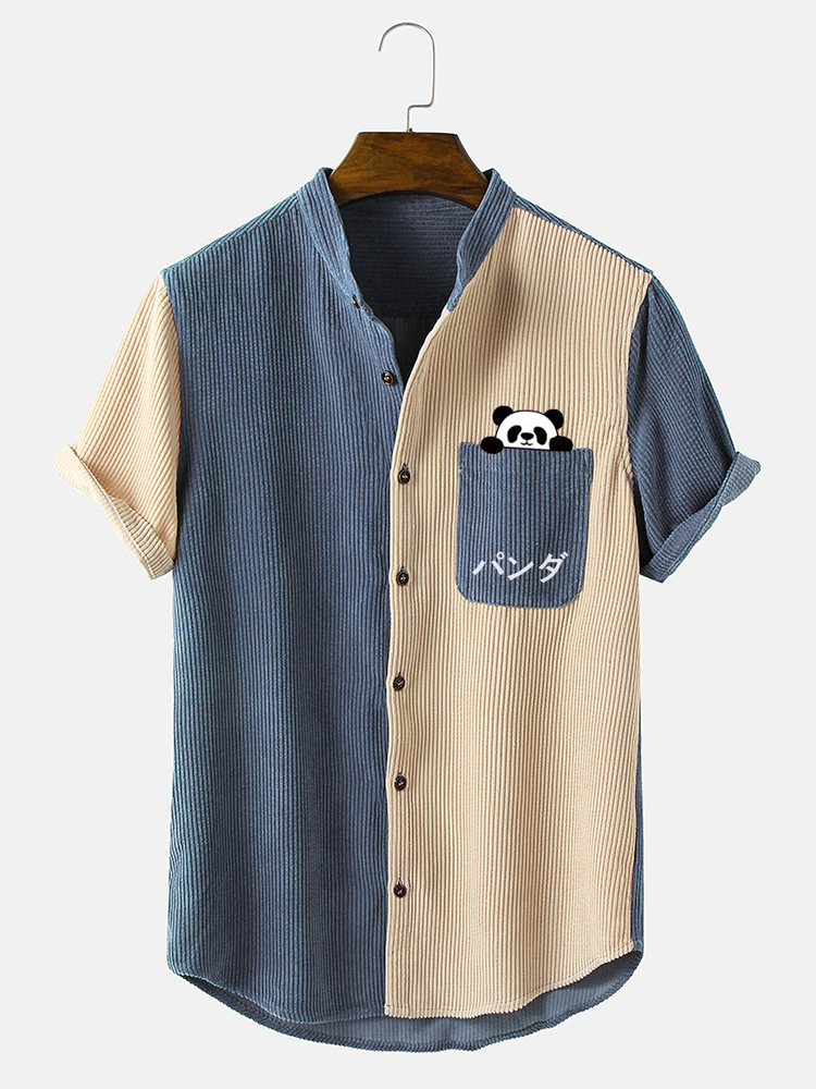 Mens Panda Camicie a maniche corte in velluto a coste patchwork con stampa giapponese