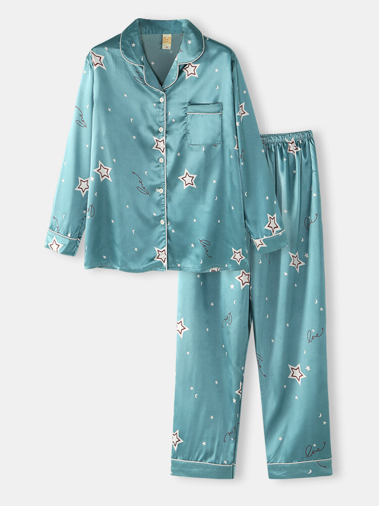

Plus Size Women Ice Silk Stars Print Revere Collar Long Pajamas Sets With Contrast Binding, Pink;green