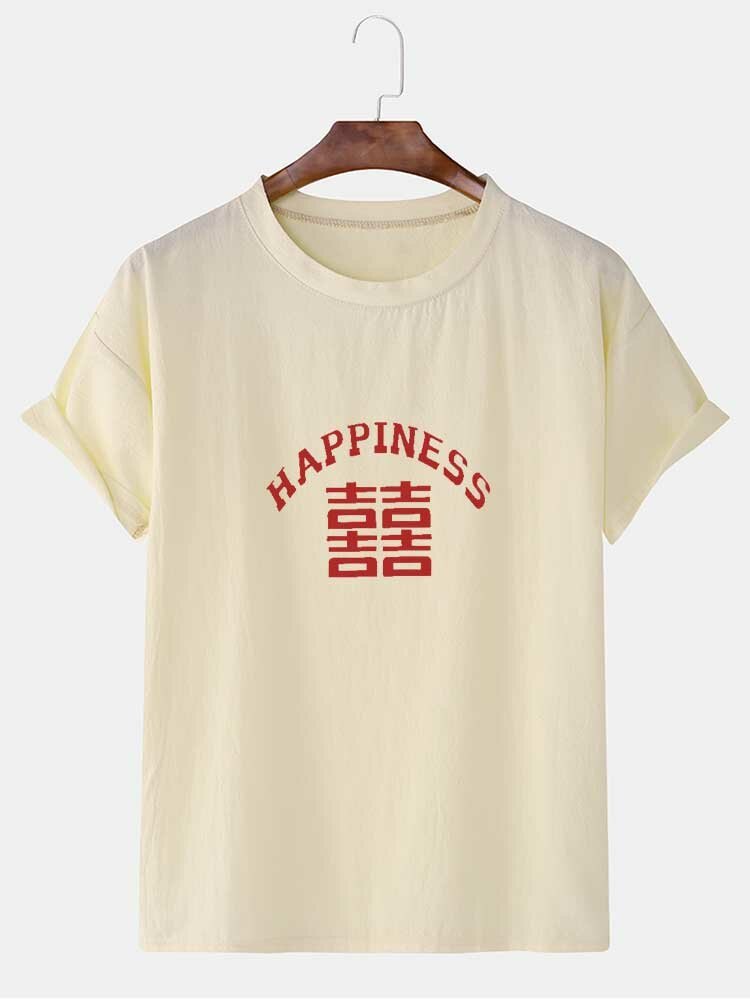 Mens Chinese Character Happiness Print Linen Texture Short Sleeve T-Shirts