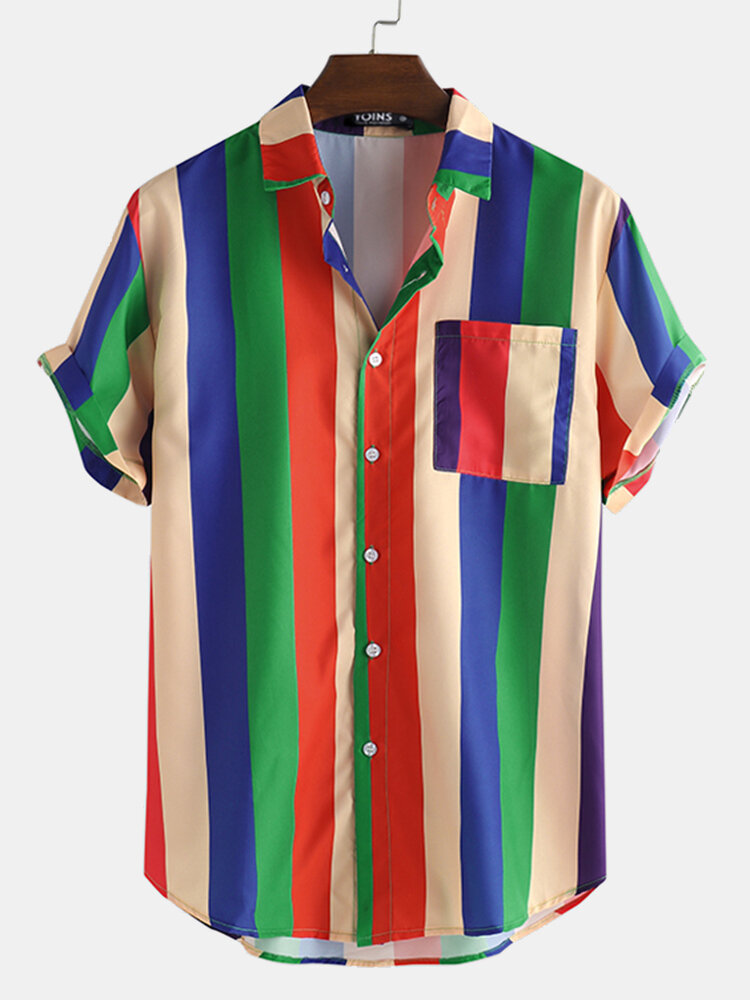 Mens Cool Rainbow Striped Patch Pocket Short Sleeve Shirts