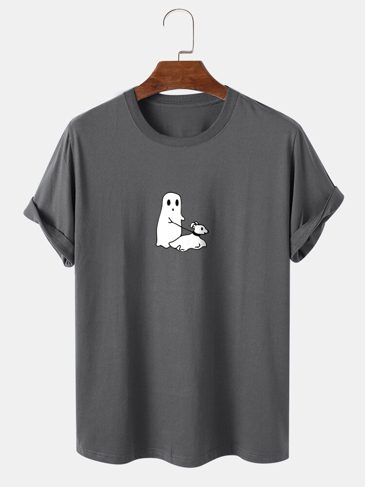 Mens Cartoon Ghost & Dog Print Cotton Short Sleeve T-Shirts
