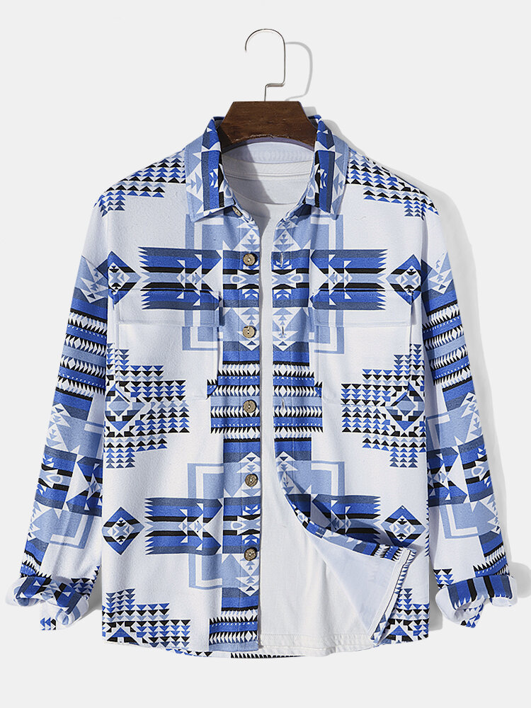 Ethnische Hemdjacke für Herren mit geometrischem Aufdruck und Pattentasche