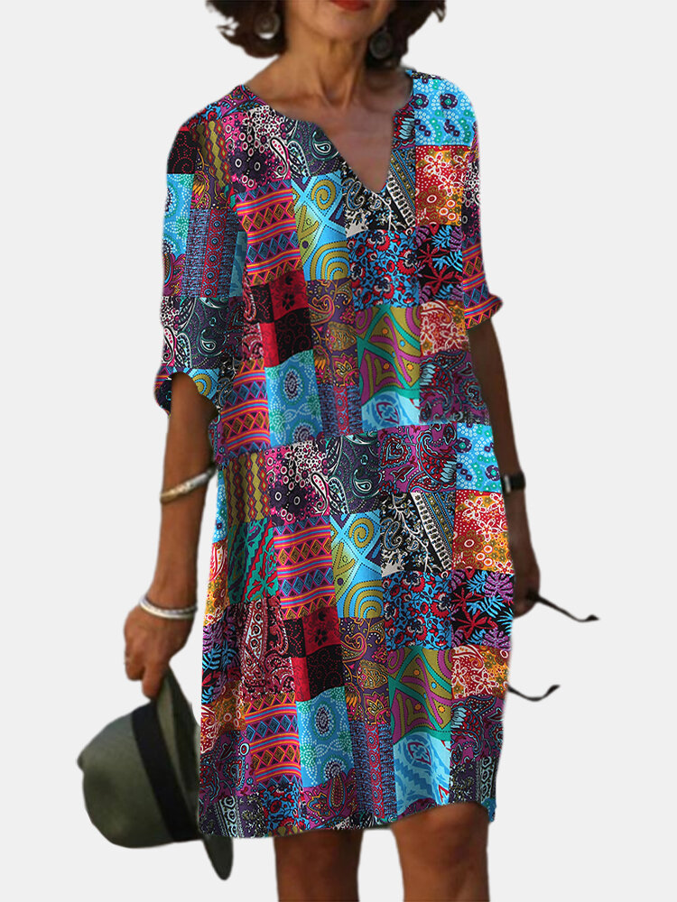 Ethnic Style Print Half Sleeve V-neck Plus Size Dress