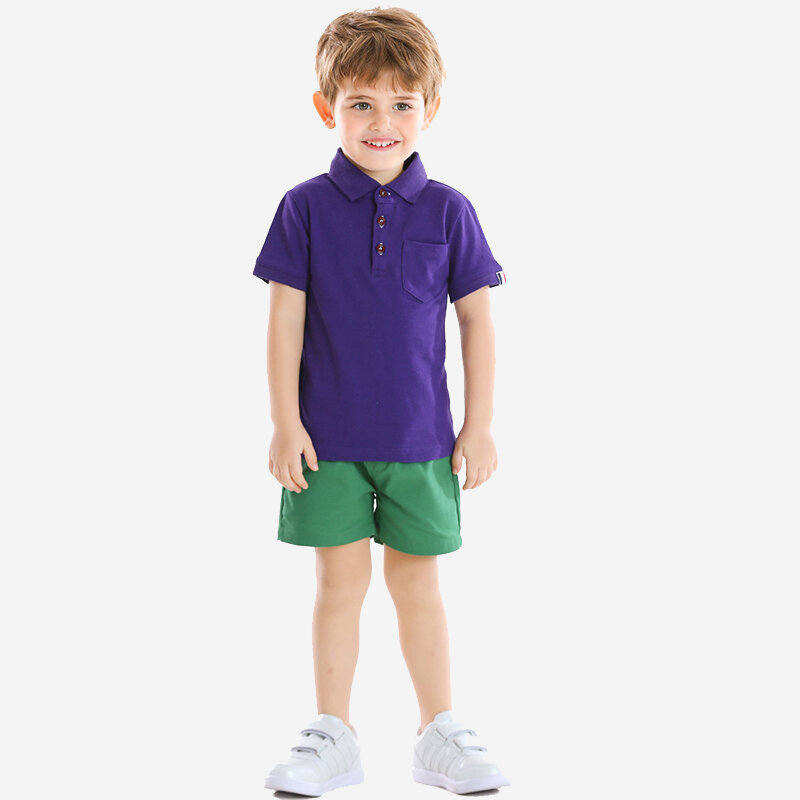 Boy's Purple Short-sleeved T-shirts+Green Pants Casual Clothing Set For 1-8Y