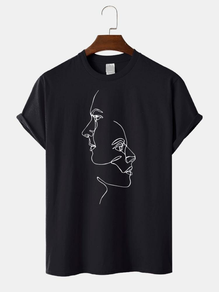 Mens Line Drawing Abstract Face Print Cotton Casual Short Sleeve T-Shirts