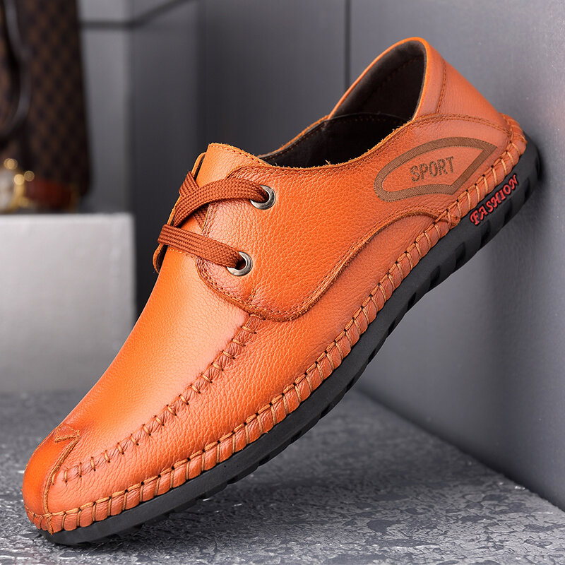 Men Round Toe Hand Stitching Business Casual Leather Shoes