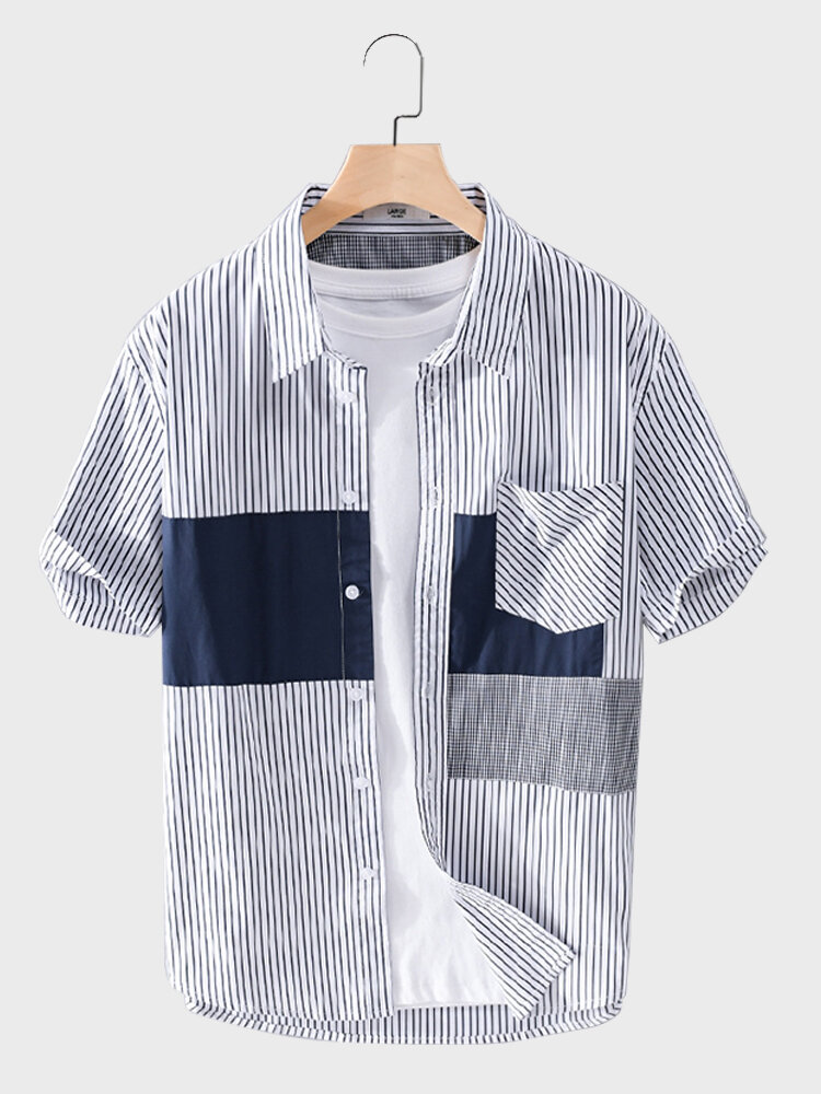 Mens Striped Patchwork Lapel Collar Casual Shirts