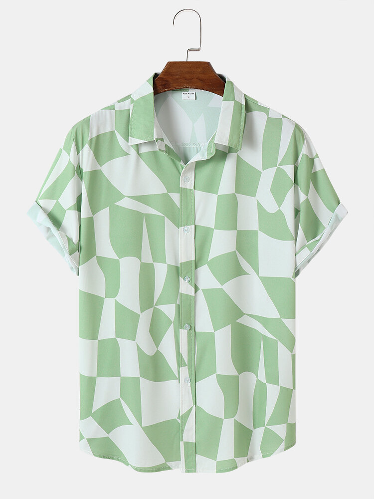 Mens Irregular Geometric Print Button Up Short Sleeve Shirts