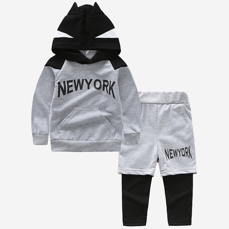 

Boy's Letters Print Hoodie Set for 1-5Y, Gray