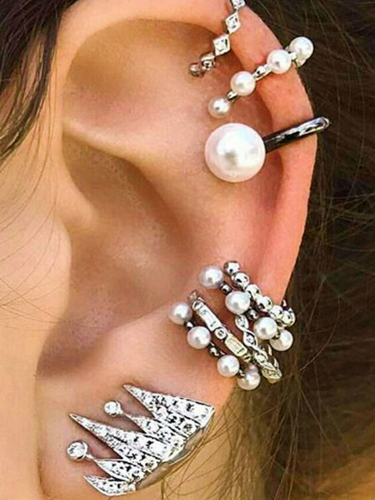 

9 Pieces Cartilage Earrings for Women No Piercing Pearl Cuff Earrings Punk Diamond Stud Earrings, As picture