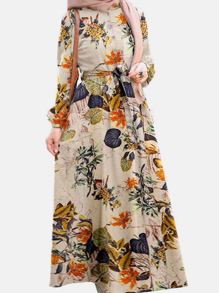 Винтажные цветочные пышные рукава с круглым вырезом макси Платье с боковым карманом