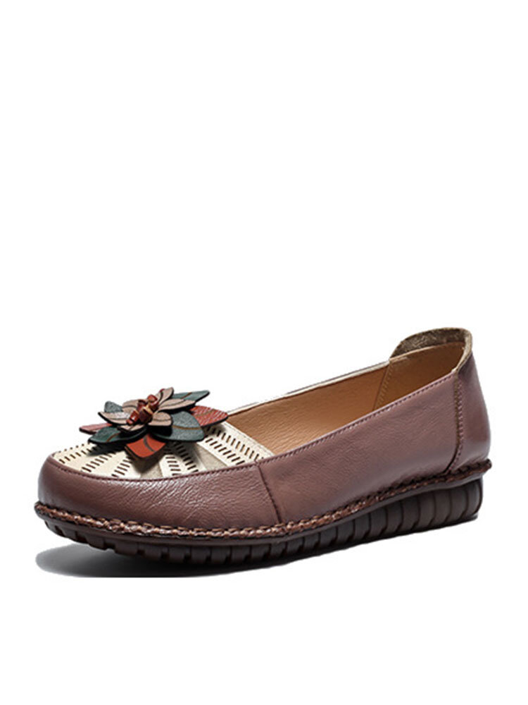 Socofy Couro Genuíno Sapatos de Costura Feitos à Mão Respiráveis Soft Decoração Floral Confortável Casual Retro Étnico Sapatilhas