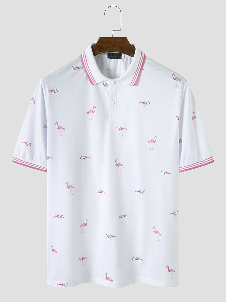 

Men Flamingo Print INS fashion Short Sleeve Formal Business Polos Shirts, White