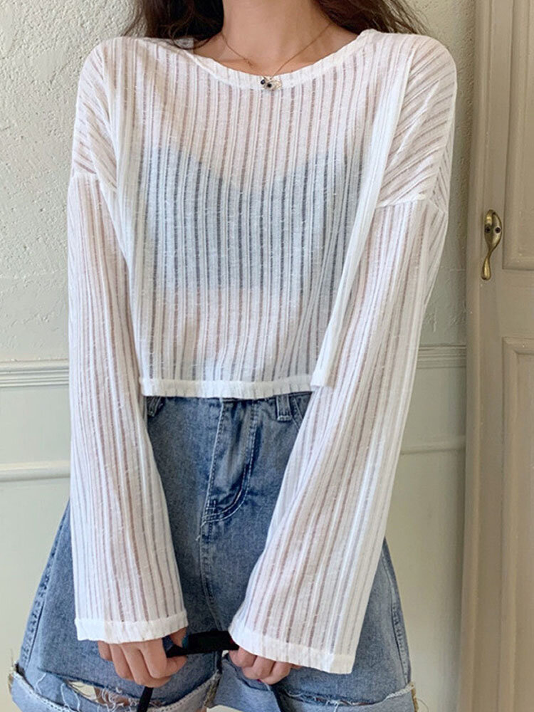 Solid Color Drop Sleeve Long Sleeve See-through Knitted T-shirt