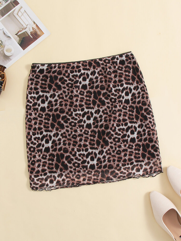 Minissaia de cintura alta elástica com estampa de malha de leopardo