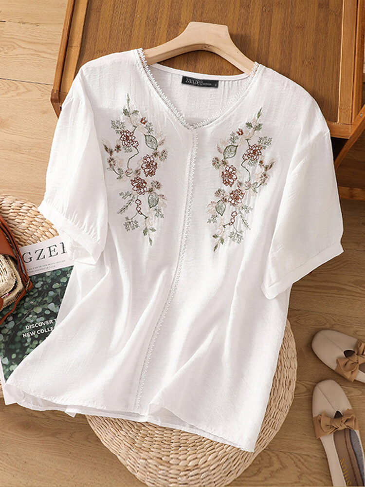 Women Floral Embroidered V-Neck Casual Short Sleeve Blouse