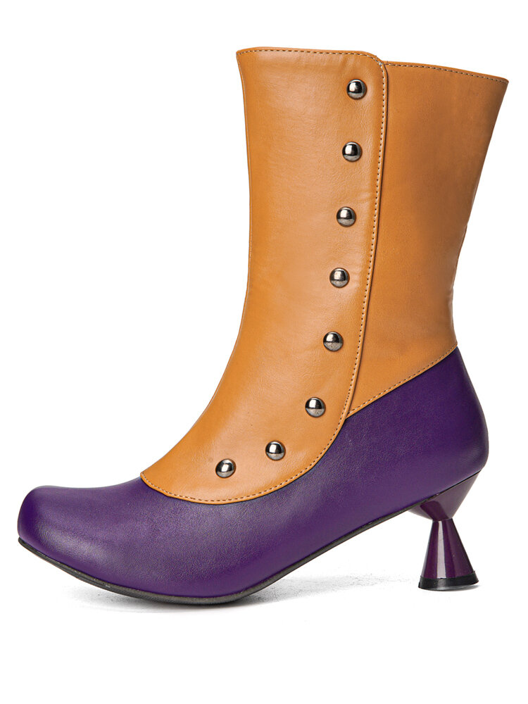 

Large Size Women Casual Side-zip Colorblock Comfy Cone Heel Mid Calf Boots, Black;purple;beige